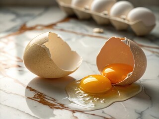 Poster -  A carton of eggs with two cracked open to reveal yolks and whites. The yolks are runny and yellow, while the whites are thin and white.