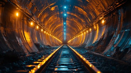 Leinwandbilder - Deep underground mining tunnels feature illuminated walls and tracks, highlighting the processes of excavation and infrastructure development in mineral extraction activities.