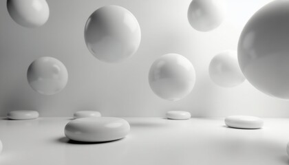 Poster - Abstract white spheres floating in a minimalist environment  