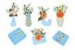 © Olena - Hand drawn set of floral bouquets in vases and decorative gift boxes with festive wrapping. Celebration and greeting concept for holidays, birthdays and special occasions