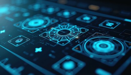 Futuristic digital interface showing control buttons in blue tones  
