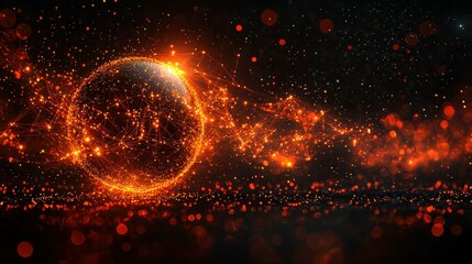 Poster - Fiery Digital Globe: A Networked World in Orange Hues