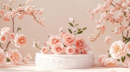 Poster - Soft pink roses paired with elegant cherry blossoms create a peaceful atmosphere, beautifully arranged on a white pedestal in gentle lighting, evoking calmness and joy