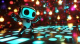 In a dynamic atmosphere filled with glowing lights and upbeat music, a cheerful robot entertains onlookers with its captivating energetic dance moves