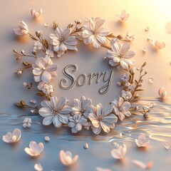 Poster - A Floral Apology: Delicate White Blossoms Frame 'Sorry' in Silver, Bathed in Gentle Light with Rippling Water Reflections