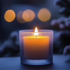 Leinwandbilder - Candle's Warm Glow: A frosted glass candle holder illuminates a dark room with soft bokeh lights creating a peaceful ambiance.