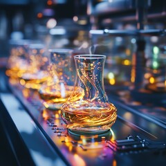Aufkleber - Laboratory Beakers on Automated Conveyor Belt: Futuristic Science and Technology Research