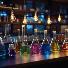 Poster - Laboratory Experimentation: Colorful Liquids in Glassware Lit by Edison Bulbs, Displaying Scientific Research and Innovation