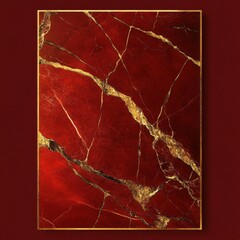 Poster - Luxurious Red Marble Texture with Golden Veins and Elegant Gold Frame on a Red Background