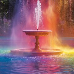 Poster - Rainbow Fountain Serenity: A Cascade of Colors in Motion, Creating a Mesmerizing and Peaceful Urban Oasis 