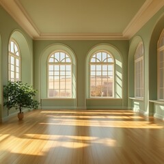 Aufkleber - Sunlit Serenity: A Calm, Pale Green Room with Arched Windows and a Wooden Floor, Enhanced by the Presence of a Lush Green Plant.