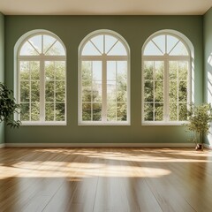 Aufkleber - Sunlit Serenity: An Airy Room with Arched Windows Overlooking Lush Greenery, Casting Gentle Shadows on the Wooden Floor.