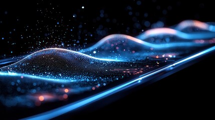 Poster - Abstract Digital Waves: Glowing Particle Landscape