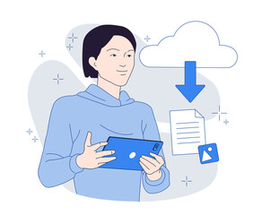 Poster - Smiling person holding a tablet with cloud download, file, and media icons around in a minimalist line art style on a white abstract background. Concept of cloud storage. Vector illustration
