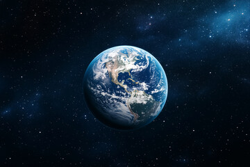 Poster - blue and white planet in the middle of the night sky. The planet is surrounded by a lot of stars