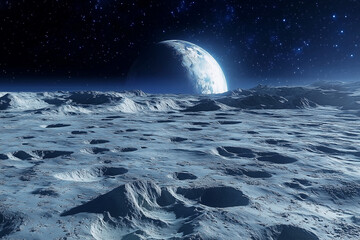 Wall Mural - large moon is in the sky above a vast, empty, and desolate landscape. The scene is dark and mysterious, with the moon casting an eerie glow over the landscape