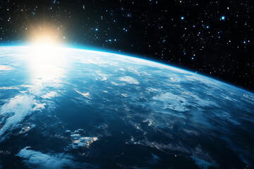 Poster - blue planet with a bright sun in the sky. The sun is shining on the planet, creating a beautiful and serene atmosphere. The planet appears to be a large, round object