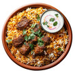 © Perfect Pixel Studio - Mutton biryani with raita on the side, isolated on a transparent background.