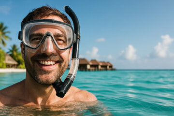 young caucasian male snorkeling in tropical ocean with overwater bungalows and palm trees