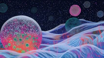Poster - Abstract Digital Landscape with Glowing Spheres and Pixelated Terrain in Blue and Pink Tones