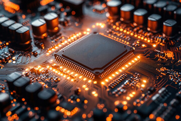Poster - A close-up of a microcircuit (chip) on a printed circuit board illuminated by warm orange light.  