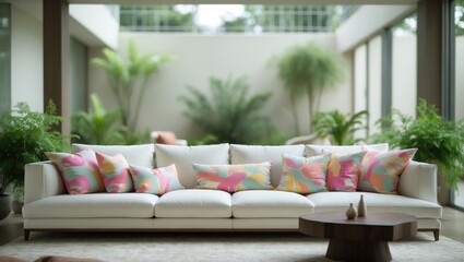 Poster - Blurred backdrop of a bright and airy living room showcasing a white sectional sofa along with lush greenery, ideal for a modern, stylish home that highlights comfort and nature.