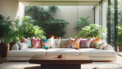 Poster - Blurred background of bright and airy living room showcasing a white sectional sofa and vibrant greenery. Ideal for a modern, stylish home that highlights comfort and nature.