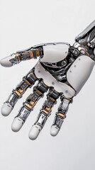 Poster - Robotic hand displays impressive mechanics with metallic and white components. Close-up view illustrates fine details of robotics in a minimalistic setting