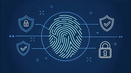 Poster - Digital fingerprint design symbolizing security and identity protection with shield icons against a dark blue background.
