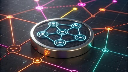 Aufkleber - A digital network design featuring a central node connected by colorful lines to various points, illustrating technology and connectivity.