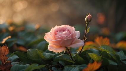 Poster - Rosa damascena flourishing among vibrant green leaves in an autumn environment.