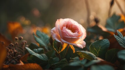 Poster - Rosa damascena thriving amid vibrant green foliage in an autumn environment.