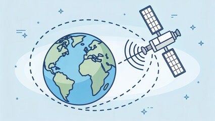 Poster - A satellite orbits Earth, illustrating communication technology with signal waves and a stylized globe background.