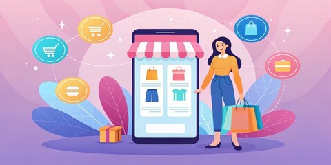 Poster - A woman shops online using a smartphone, surrounded by colorful shopping icons and decorative leaves, illustrating modern e-commerce.