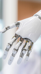Poster - Robotic hand extends to showcase detailed design and movement capability. Clean, high-tech environment highlights innovations in robotics and engineering. Concept of technology, automation, industry