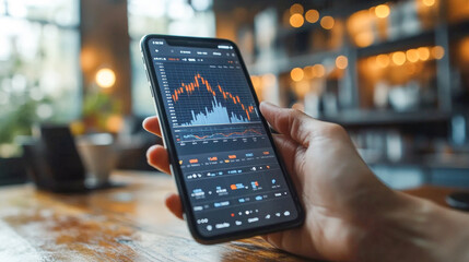 Poster - A person is holding a smartphone displaying financial data with charts and transaction details. This activity takes place in a cozy cafe environment, emphasizing modern mobile banking practices.