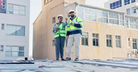 Aufkleber - Construction worker, tablet and people with collaboration and teamwork on rooftop for contractor installation. Planning, engineering and development with tech and system inspection for safety in city