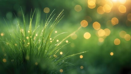 Poster - Blooming grasses swaying in the breeze against a blurred fresh green backdrop with sunny lights, a concept for allergy season featuring space for text or products.