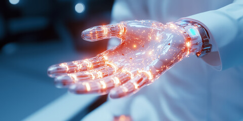 Poster - Robotic hand extends in a sleek design with visible glowing circuits and lights. High-tech setting emphasizes innovation and advancement in robotics