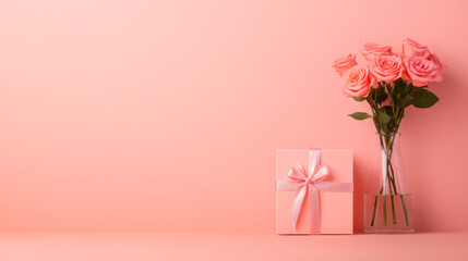 Poster - A close-up of blooming pink roses in a vase next to a square gift box tied with a satin ribbon,