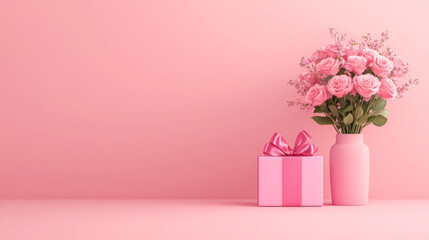 Poster - A charming composition with fresh pink rose bouquet in a vase beside a matching pink gift box with