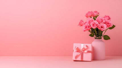 Poster - A close-up of blooming pink roses in a vase next to a square gift box tied with a satin ribbon,