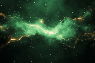 Poster - A vivid abstract image of a green energy burst with uneven golden flares, glowing on a rich dark