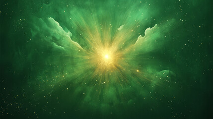 Poster - An energetic asymmetric light burst with bright green and gold elements blending into a deep forest