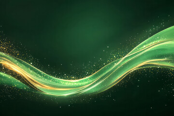 Poster - A shimmering green and gold abstract light flare, glowing asymmetrically across a rich, dark green