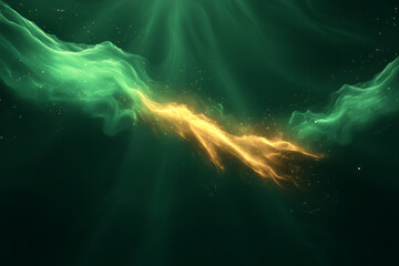 Poster - A shimmering green and gold abstract light flare, glowing asymmetrically across a rich, dark green