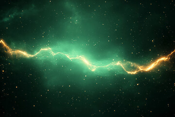 Poster - A high-contrast digital light effect with asymmetric green and gold energy trails on a textured,