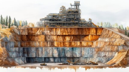 Leinwandbilder - Excavation activities are underway in a well structured quarry displaying advanced mineral processing facilities atop layered rock formations, with heavy machinery in use below.