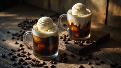 Poster - Iced coffee topped with vanilla ice cream on a rustic wooden table
