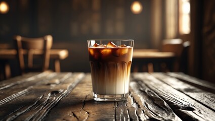 Poster - Iced caramel latte in a tall glass with caramel sauce drips, elegant coffee beverage